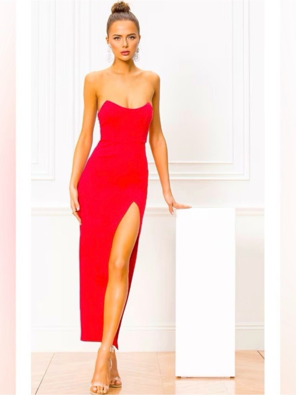 Revolve superdown Strapless Red High-Slit Maxi Gown
